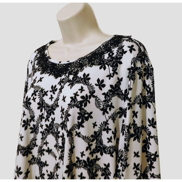 Karl Lagerfeld Shirt XL Black White Floral 3/4 Sleeves Lace Trim Polyester Blend - Picture 3 of 8